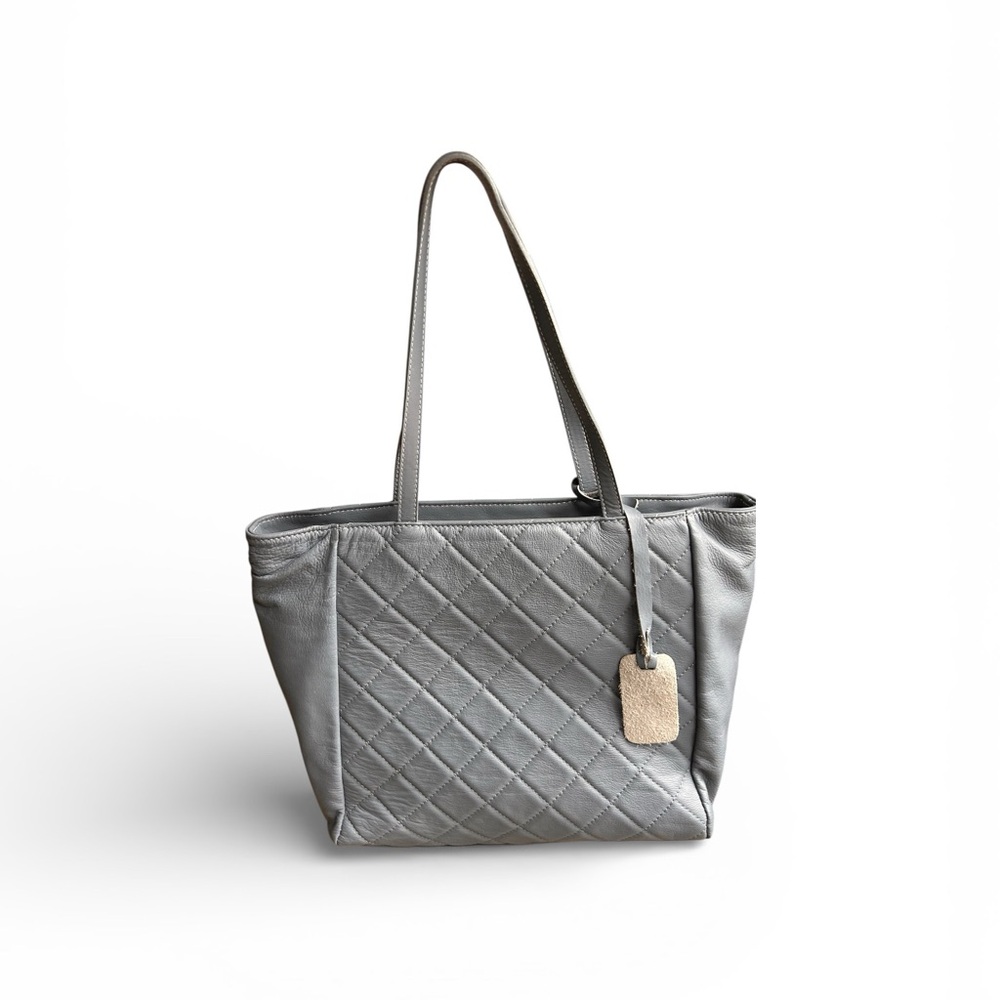 Gray blue quilted leather tote Persman label